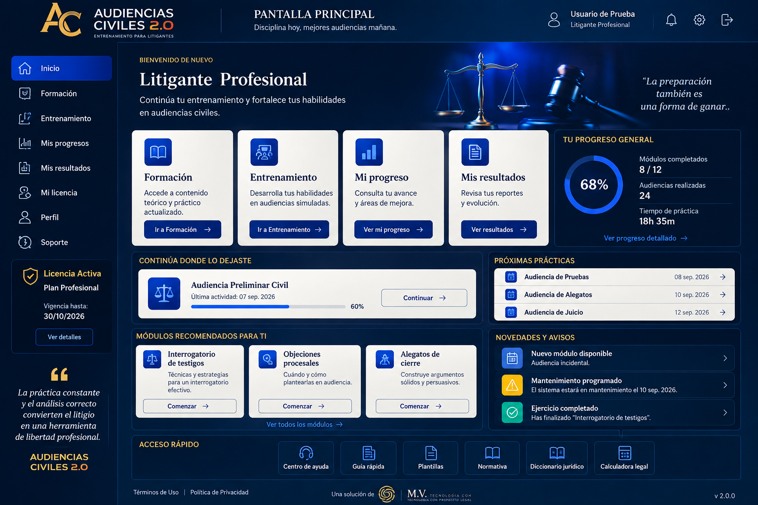 Pantalla Principal de Audiencias Civiles 2.0